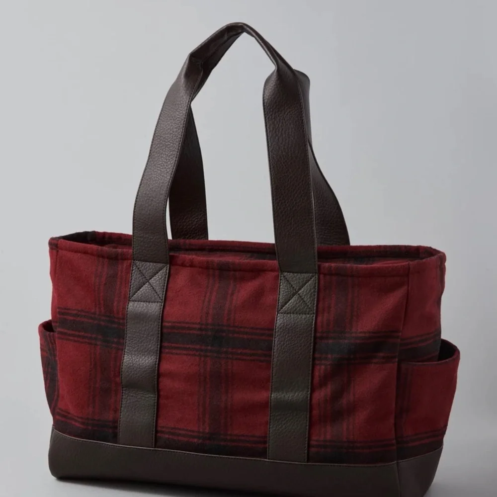 American Eagle Outfitters Red Plaid Duffel Tote with Brown Trim new